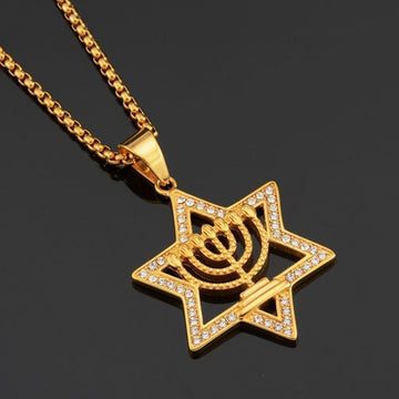 NEW Israel Menorah Happy Hanukkah Golden Stainless Steel Star Of David Pendant - The Jewellery Supermarket